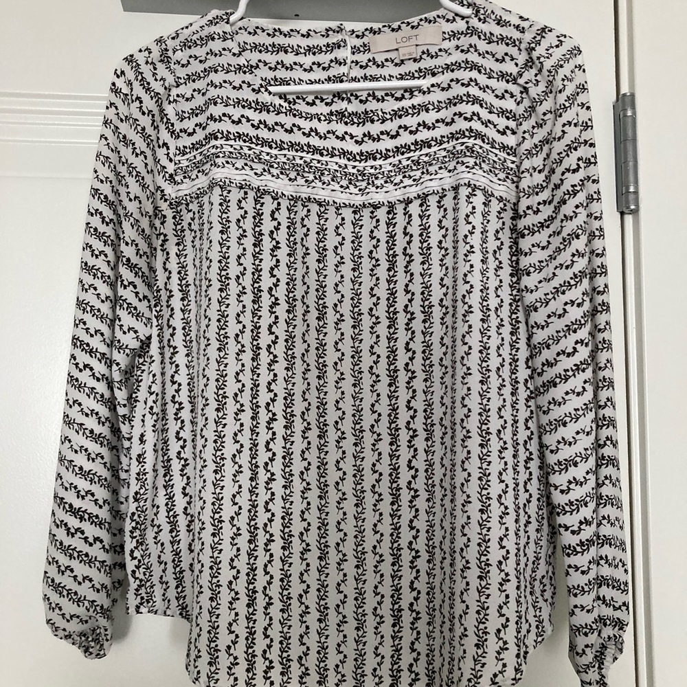 LOFT Black and White 3/4 Sleeve Bib Collar Blouse